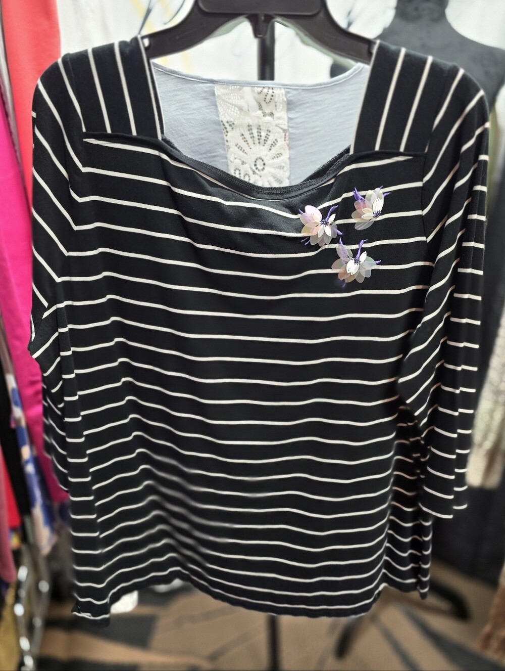 103 Ava & Viv Black and White Striped Long Sleeve Top with Floral Accent